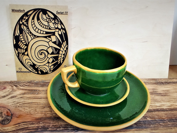 Filiżanka ceramiczna z talerzykiem małym i dużym zielony (komplet)